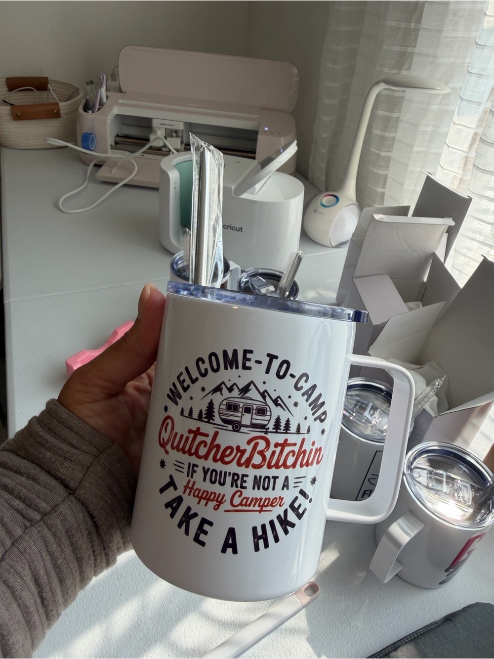 Welcome-to-Camp 12 oz Travel Mug – White with Black & Red Lettering